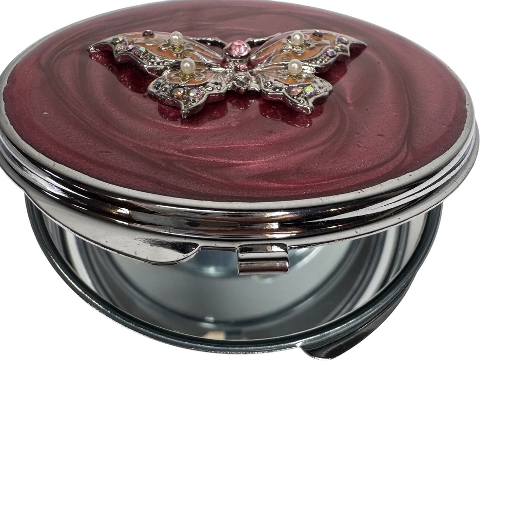 NWT Neiman Marcus Fairycore Jeweled Butterfly Compact Mirror Red Silver Tone - Picture 6 of 8